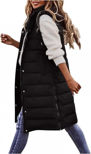 Womens Puffer Vest Long Down Sleeveless Hooded Jacket Oversized Quilted Side Zip up Warm Winter Coats with Pockets