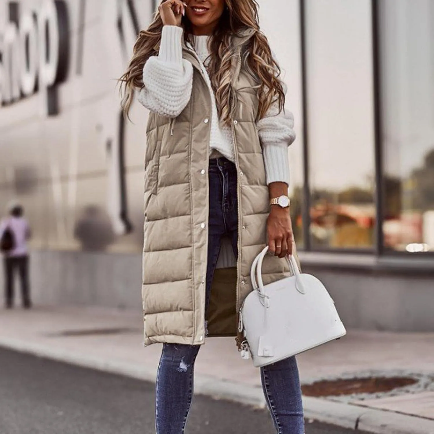 Womens Puffer Vest Long Down Sleeveless Hooded Jacket Oversized Quilted Side Zip up Warm Winter Coats with Pockets