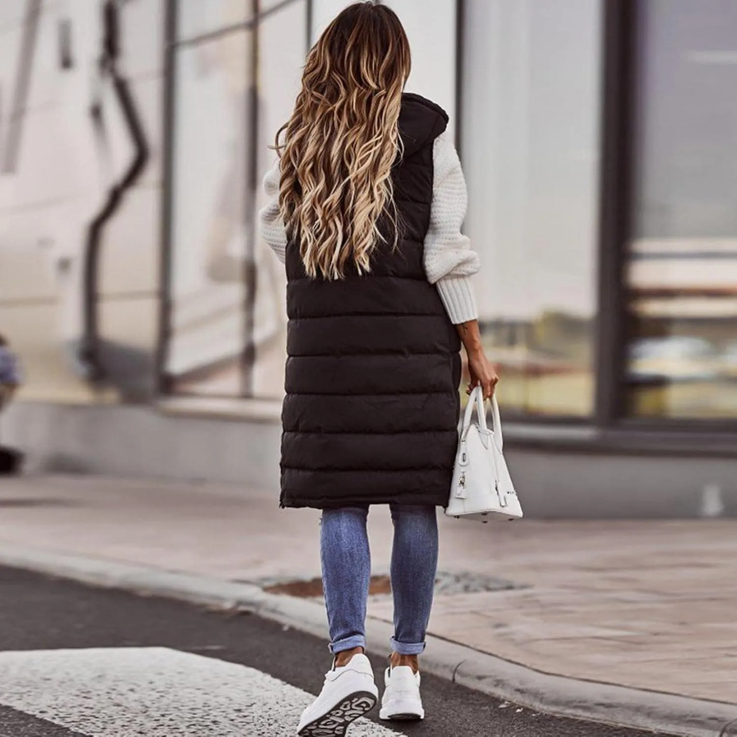 Womens Puffer Vest Long Down Sleeveless Hooded Jacket Oversized Quilted Side Zip up Warm Winter Coats with Pockets