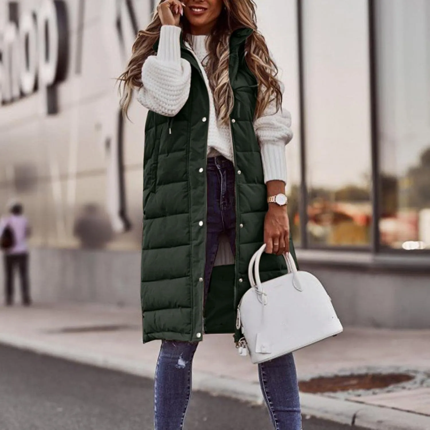 Womens Puffer Vest Long Down Sleeveless Hooded Jacket Oversized Quilted Side Zip up Warm Winter Coats with Pockets