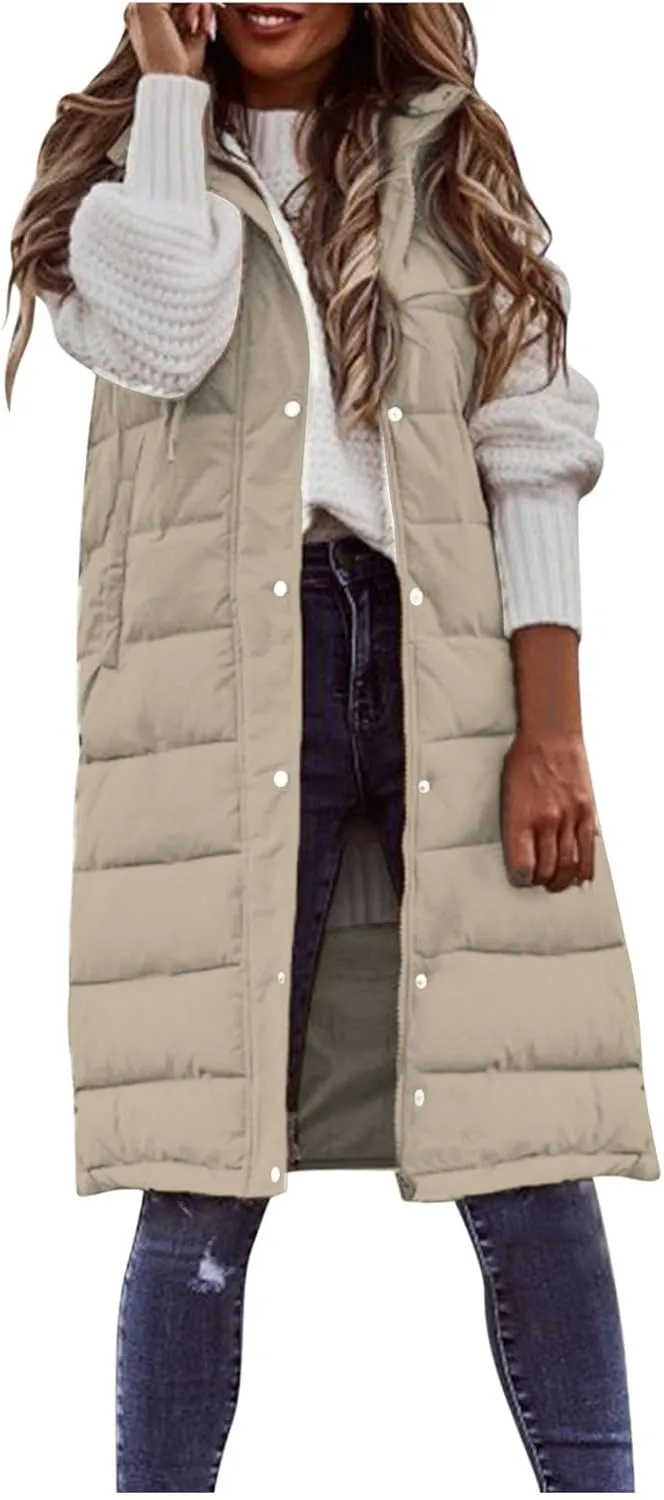 Womens Puffer Vest Long Down Sleeveless Hooded Jacket Oversized Quilted Side Zip up Warm Winter Coats with Pockets