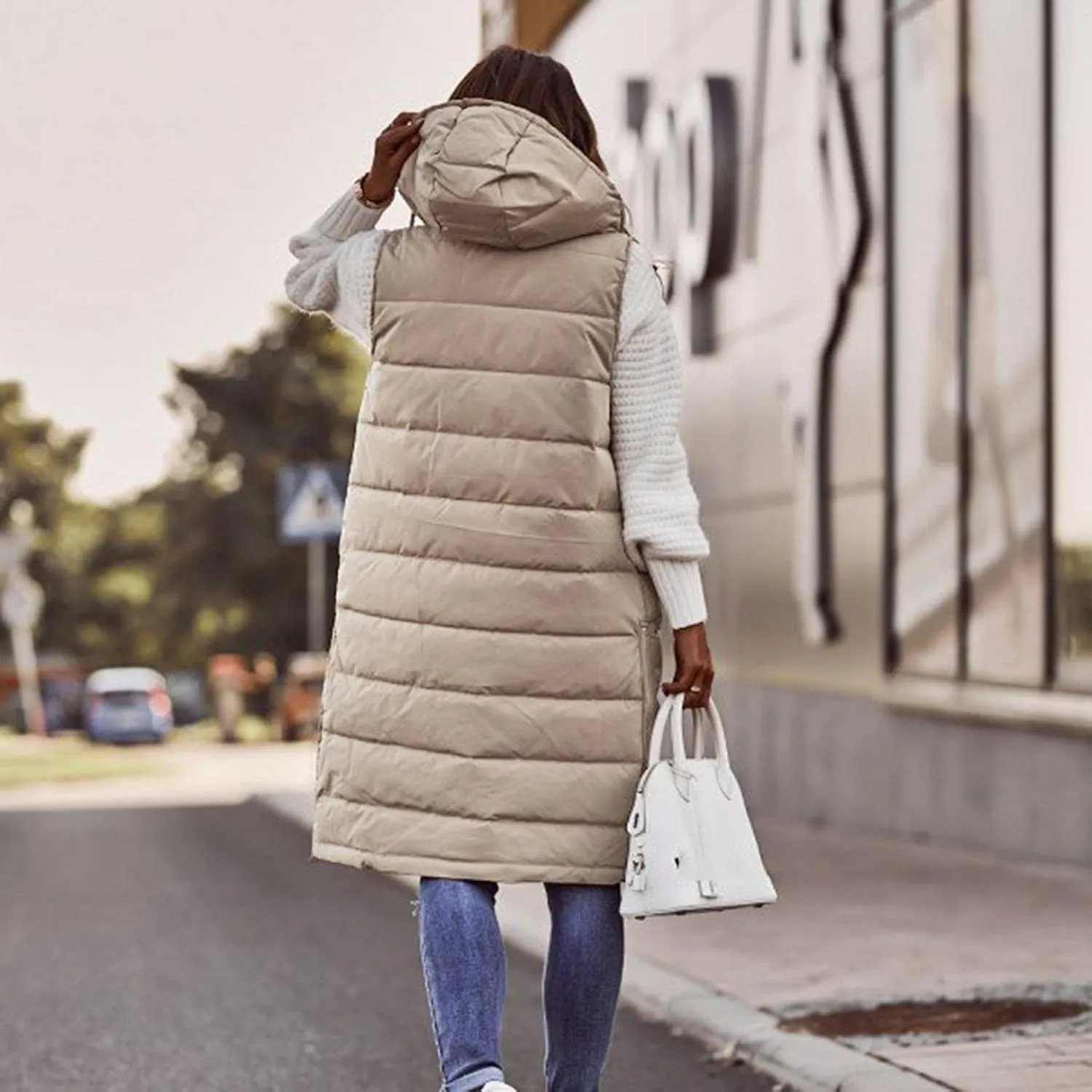 Womens Puffer Vest Long Down Sleeveless Hooded Jacket Oversized Quilted Side Zip up Warm Winter Coats with Pockets