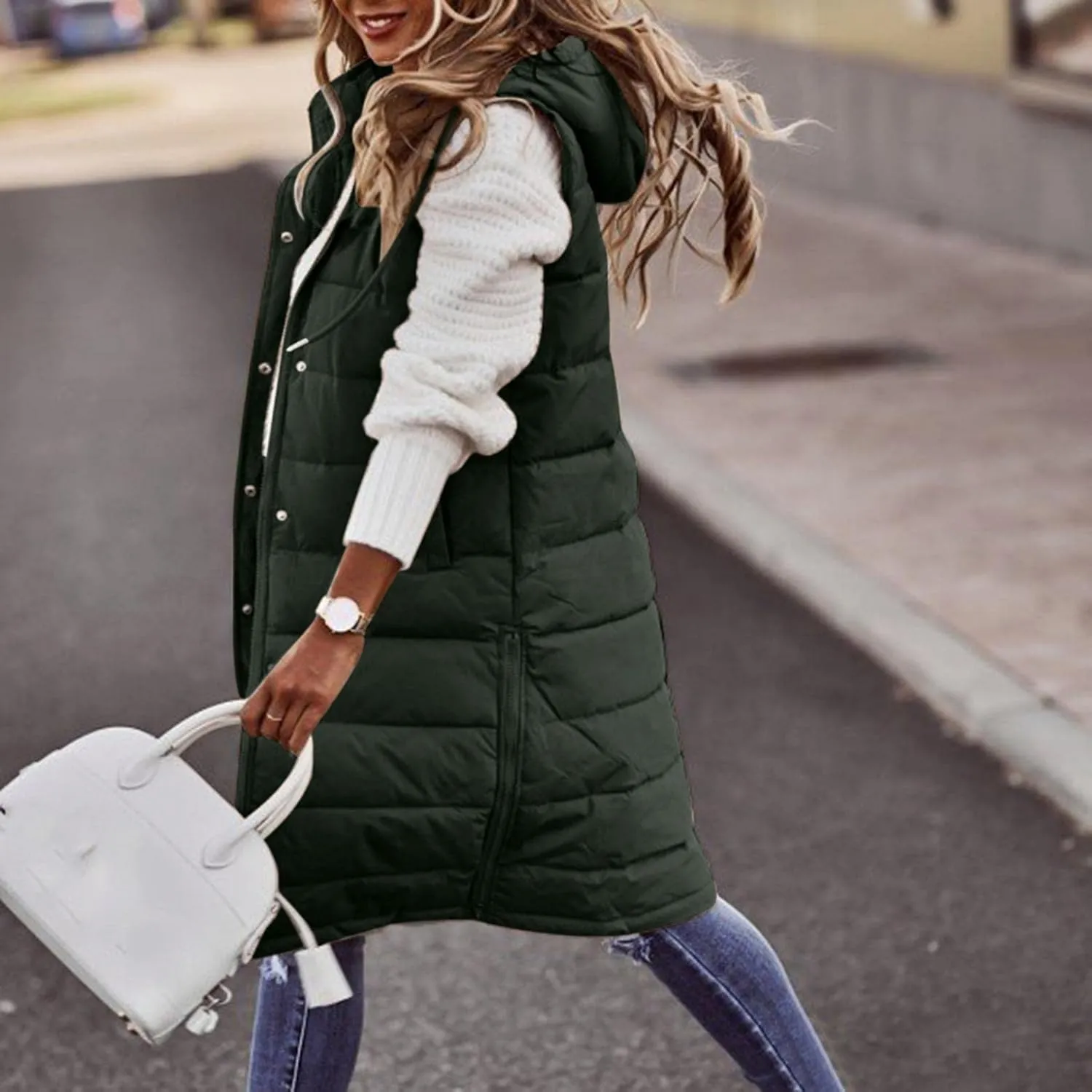 Womens Puffer Vest Long Down Sleeveless Hooded Jacket Oversized Quilted Side Zip up Warm Winter Coats with Pockets