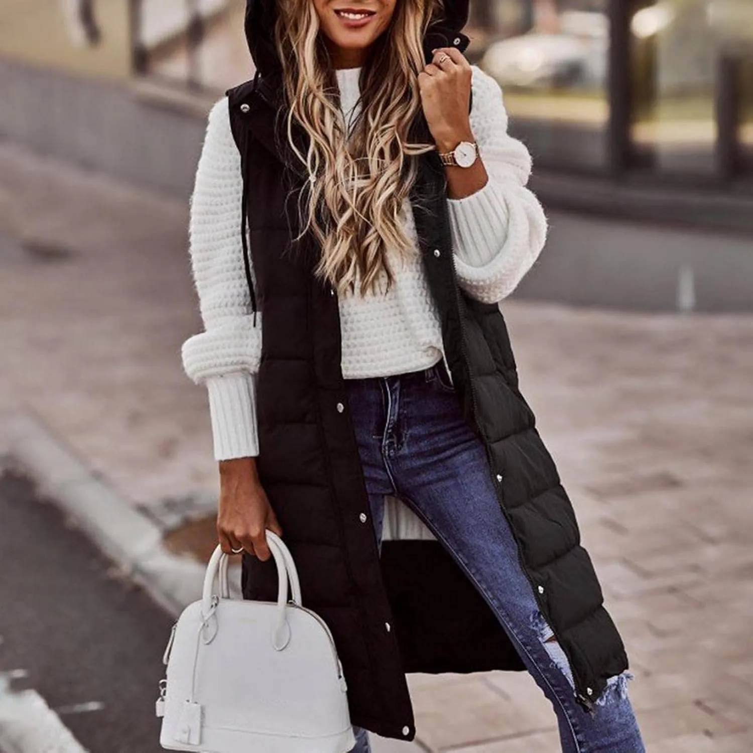 Womens Puffer Vest Long Down Sleeveless Hooded Jacket Oversized Quilted Side Zip up Warm Winter Coats with Pockets