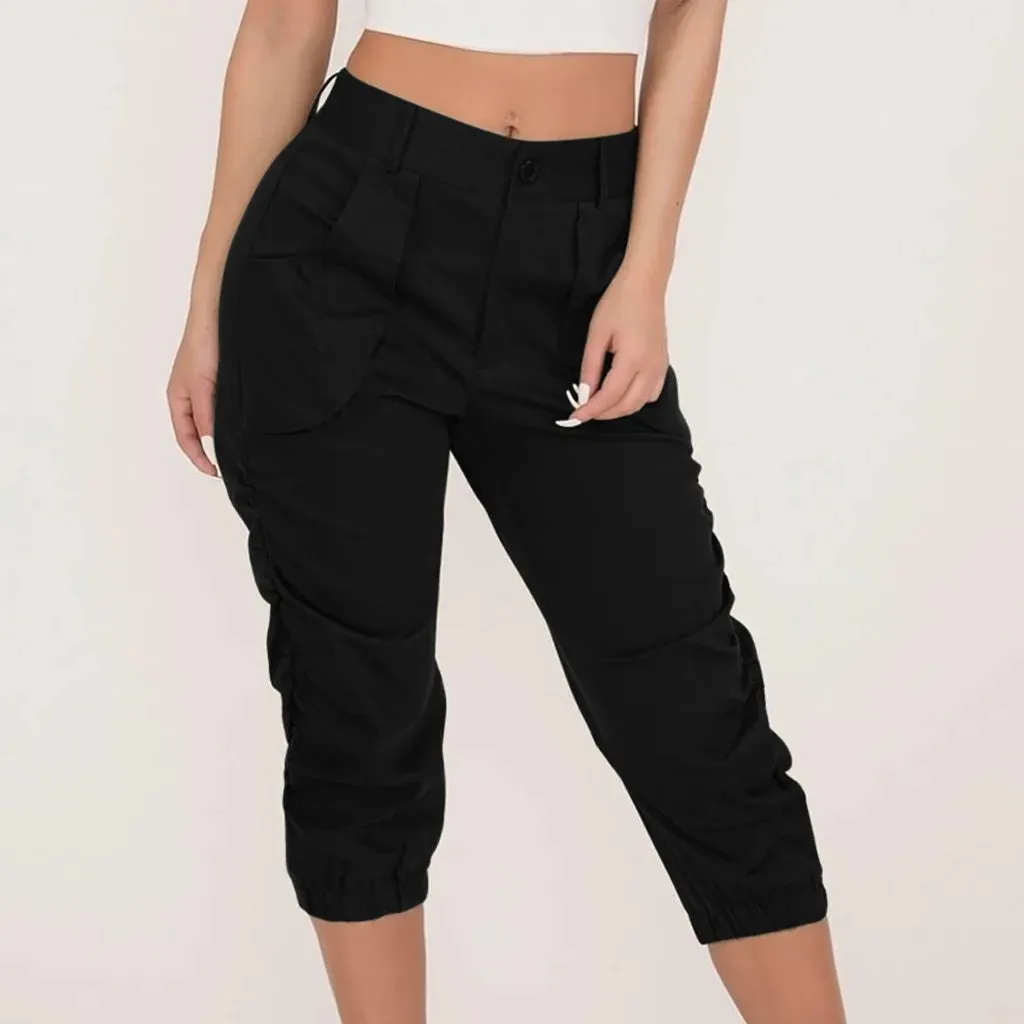 Women's Relaxed Fit Ruched 3/4 Fashion Designer Cargo High Waist Pants