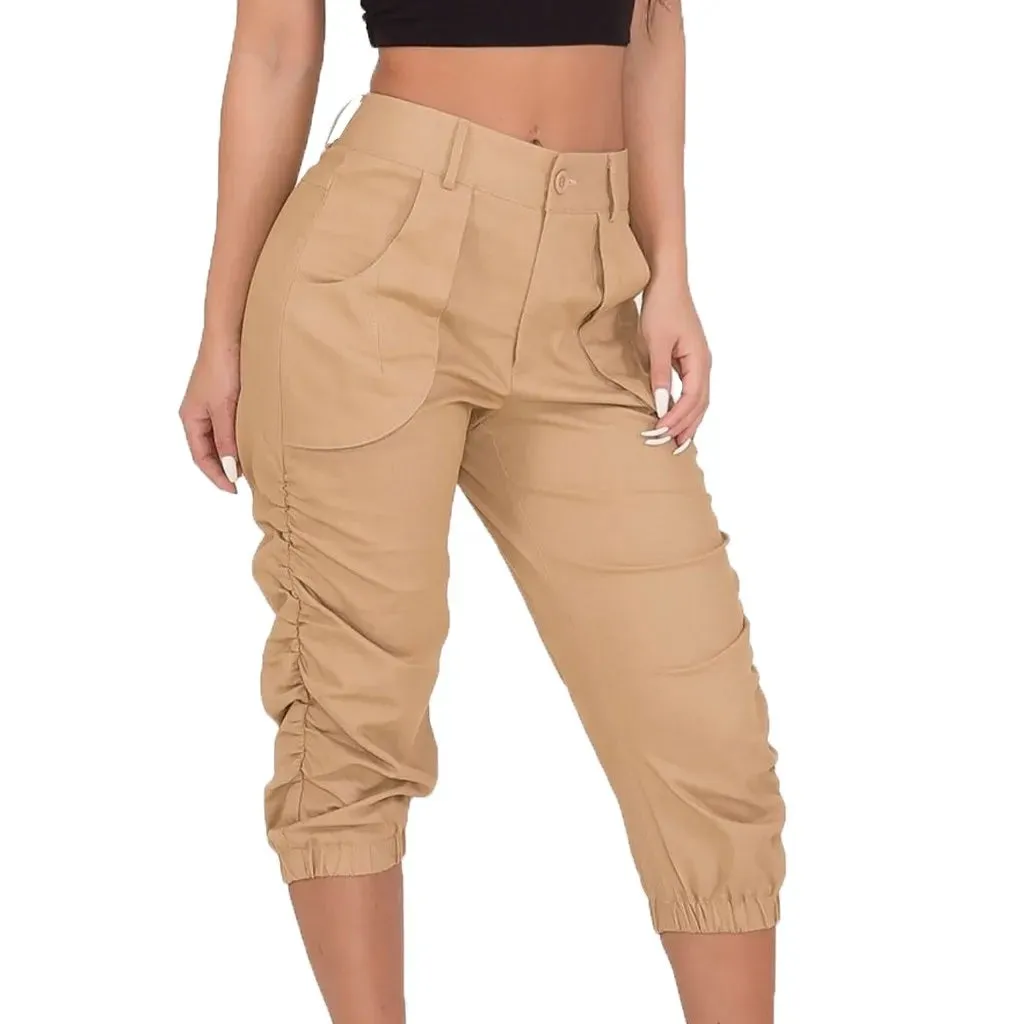 Women's Relaxed Fit Ruched 3/4 Fashion Designer Cargo High Waist Pants