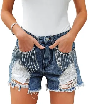 Womens Rhinestone Tassel Jean Denim Shorts Diamond Ripped High Waist Blue Jean Summer Shorts