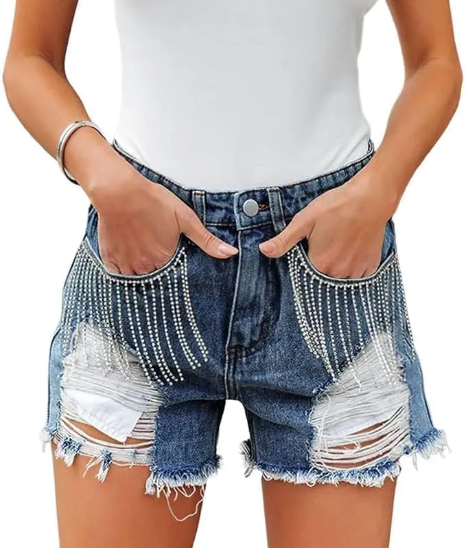 Womens Rhinestone Tassel Jean Denim Shorts Diamond Ripped High Waist Blue Jean Summer Shorts