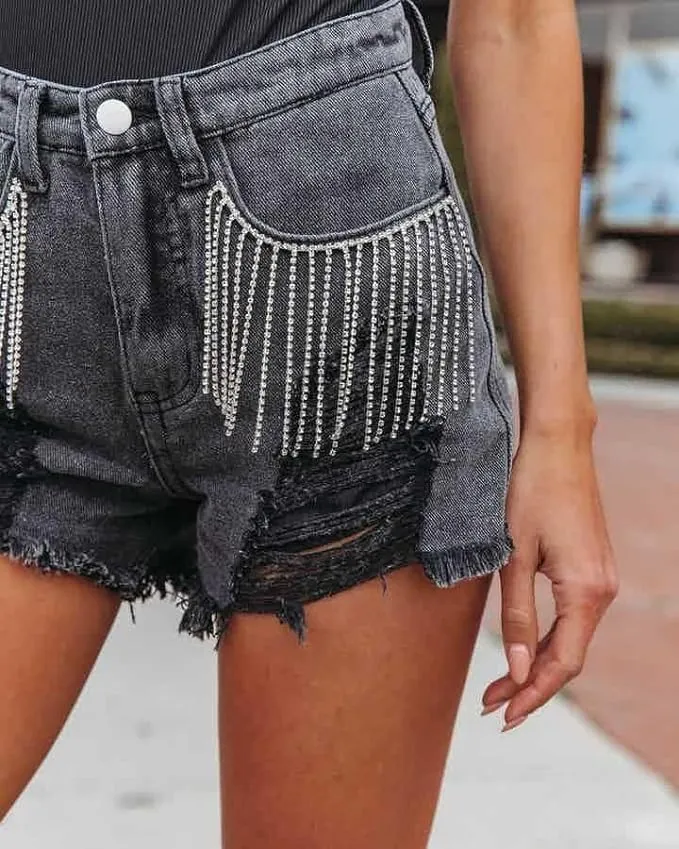 Womens Rhinestone Tassel Jean Denim Shorts Diamond Ripped High Waist Blue Jean Summer Shorts