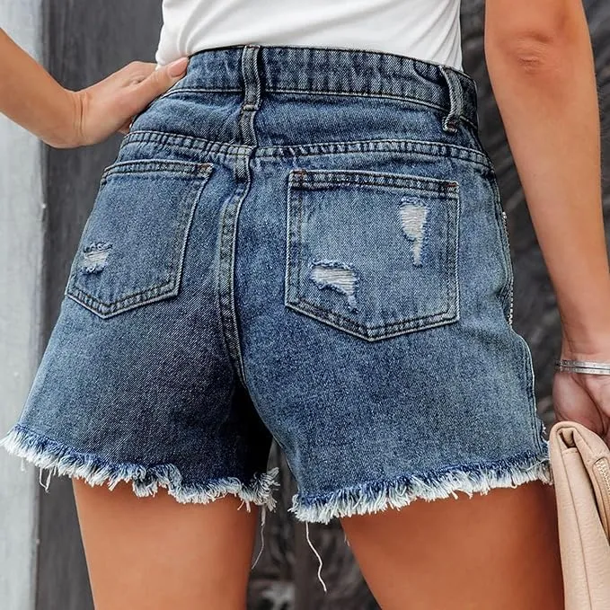 Womens Rhinestone Tassel Jean Denim Shorts Diamond Ripped High Waist Blue Jean Summer Shorts