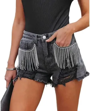 Womens Rhinestone Tassel Jean Denim Shorts Diamond Ripped High Waist Blue Jean Summer Shorts