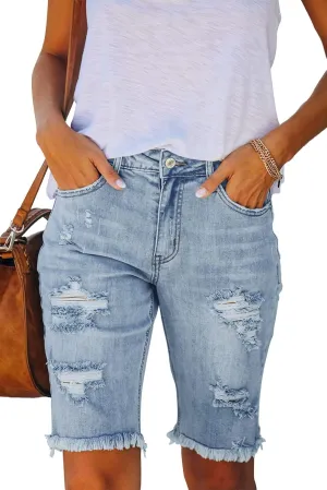 Women's Ripped Mid-Rise Denim Bermuda Shorts Frayed Raw Hem Stretch Jean Shorts