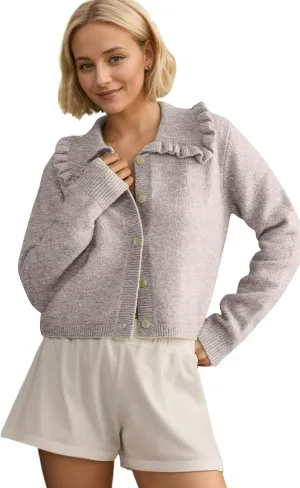 Womens Ruffle Collar Cardigan Sweater Button Up Open Front Fall Knit Jackets Cute Long Sleeve Button Down Cardigans