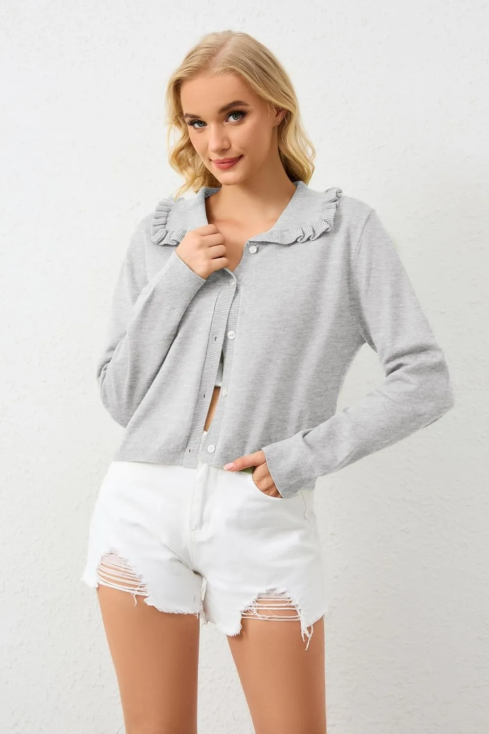 Womens Ruffle Collar Cardigan Sweater Button Up Open Front Fall Knit Jackets Cute Long Sleeve Button Down Cardigans