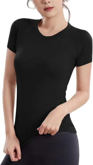 Women's Seamless Workout T-Shirt Stretchy Running Top,Quick-Dry Yoga Shirt with Textured Design for Athletic Gym