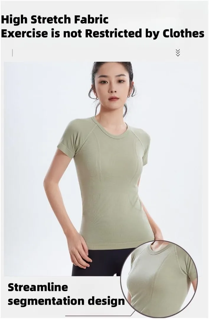 Women's Seamless Workout T-Shirt Stretchy Running Top,Quick-Dry Yoga Shirt with Textured Design for Athletic Gym