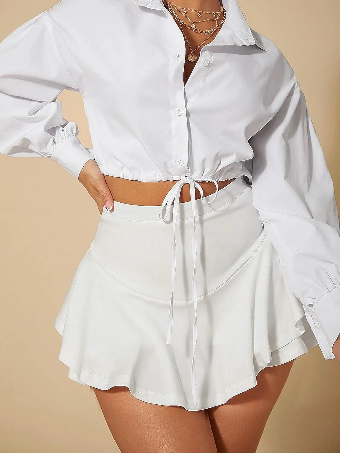 Womens Shorts Elastic Waist Summer High Waist Ruffle Hem Skorts Casual Lounge Shorts