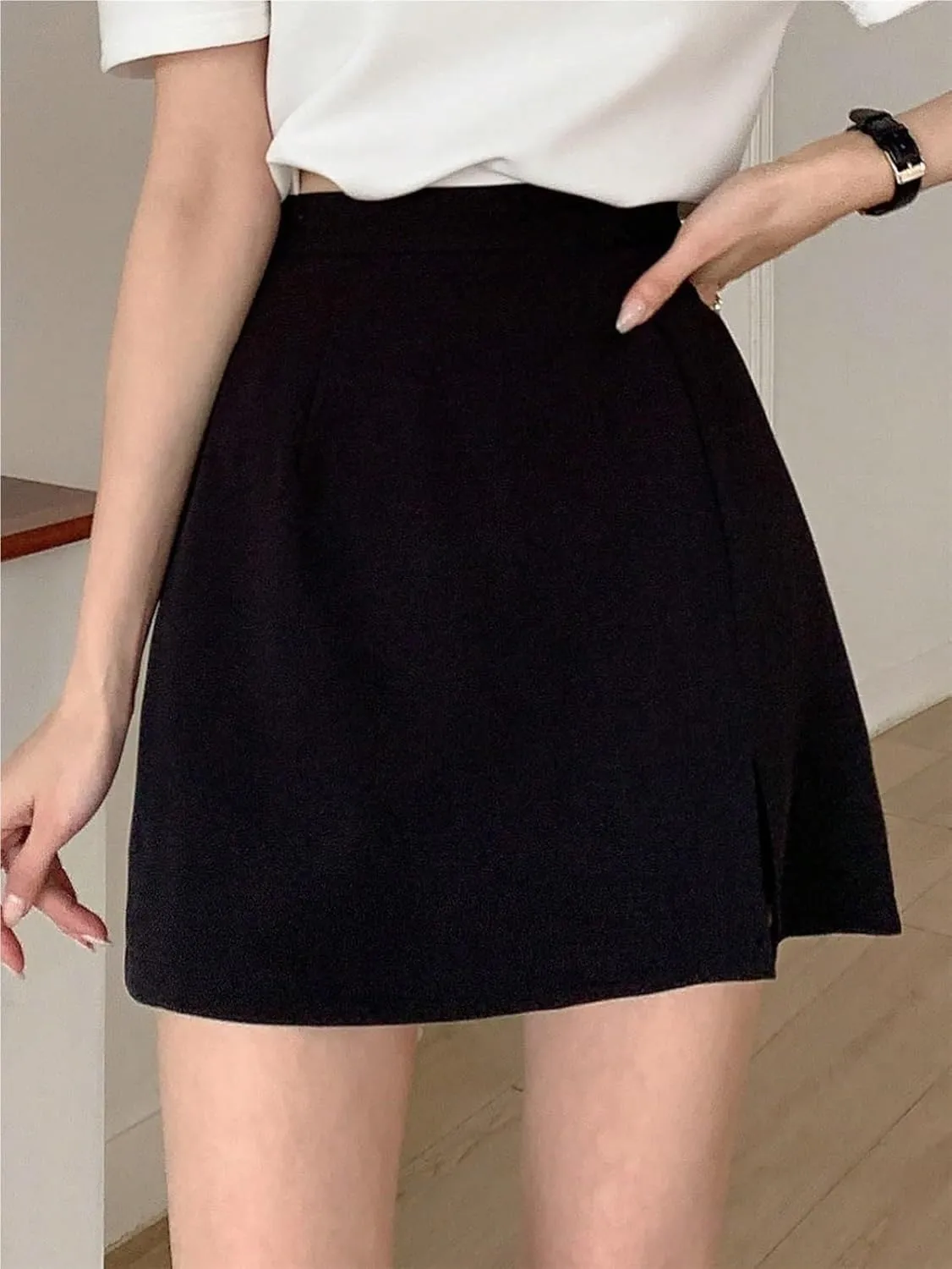 Womens Shorts Woven Fabric Casual Slit Hem Plain Skort for Daily Wear Lounge Shorts