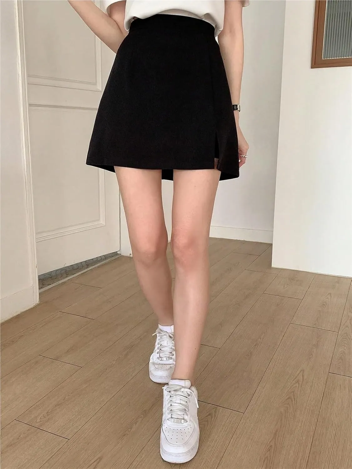 Womens Shorts Woven Fabric Casual Slit Hem Plain Skort for Daily Wear Lounge Shorts