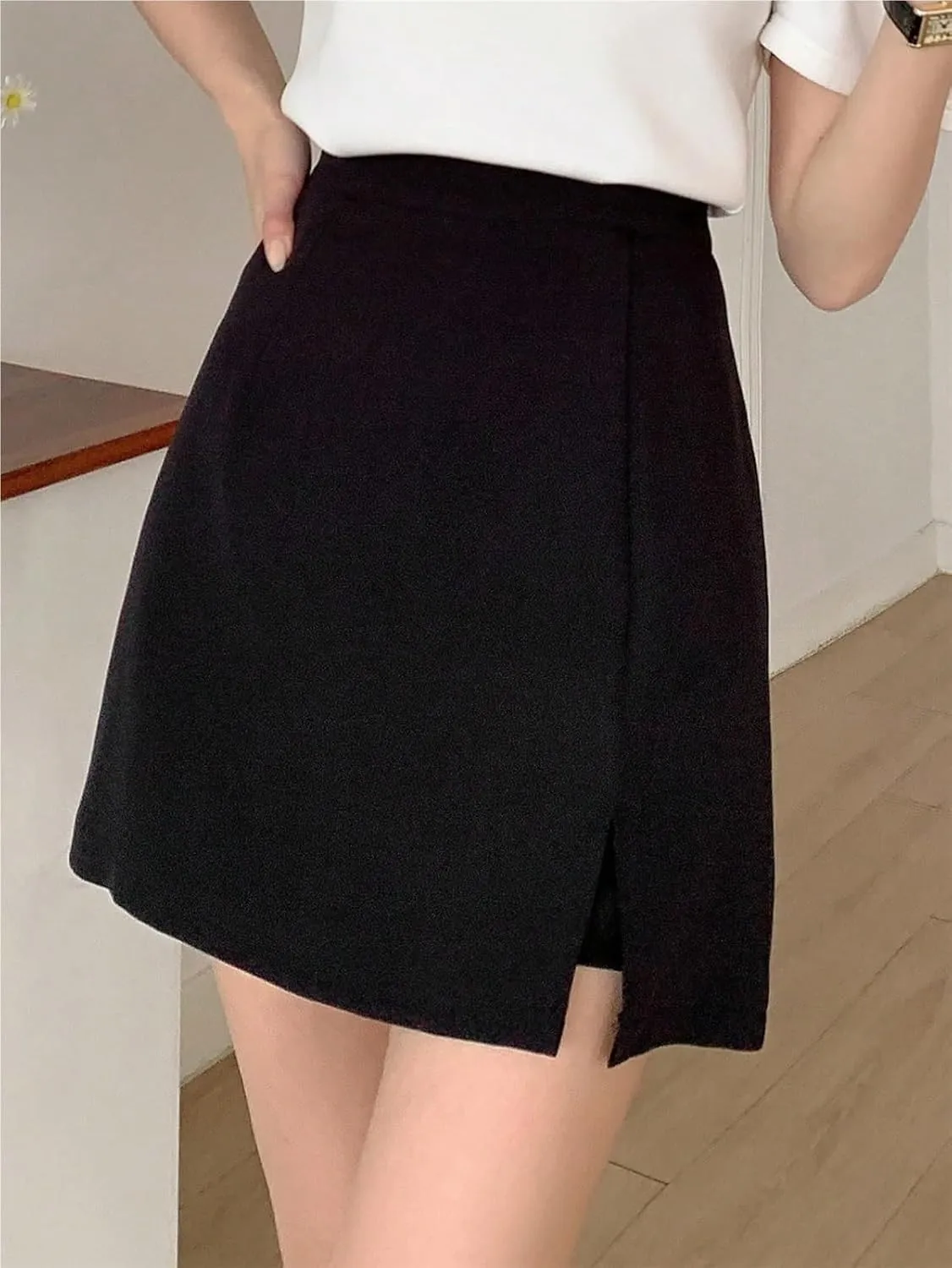 Womens Shorts Woven Fabric Casual Slit Hem Plain Skort for Daily Wear Lounge Shorts