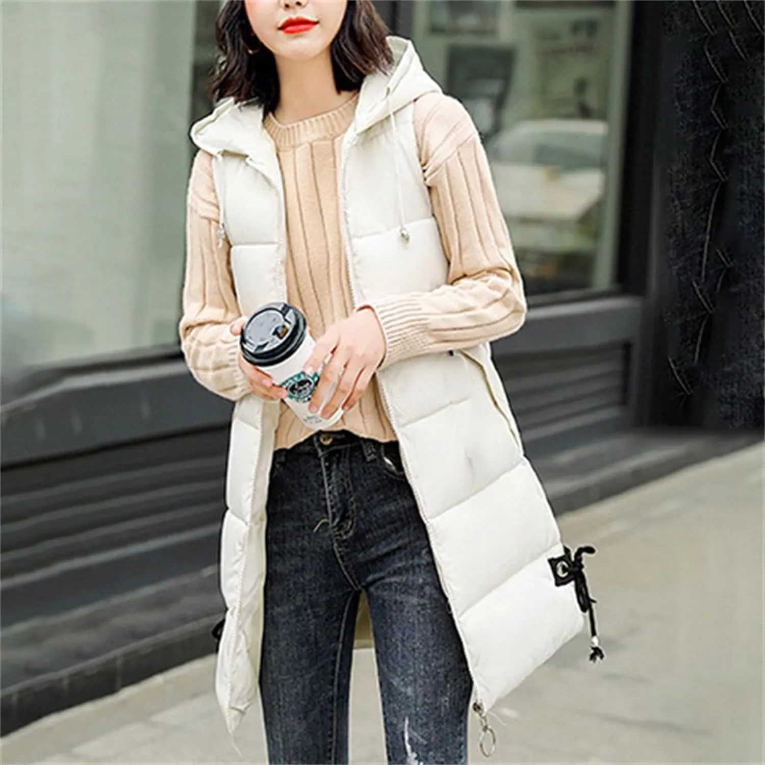 Women's Sleeveless Long Jacket 2023 Fashion Simple Solid Color Puffer Hooded Vest Winter Full-Zipper Packable Down Jackets