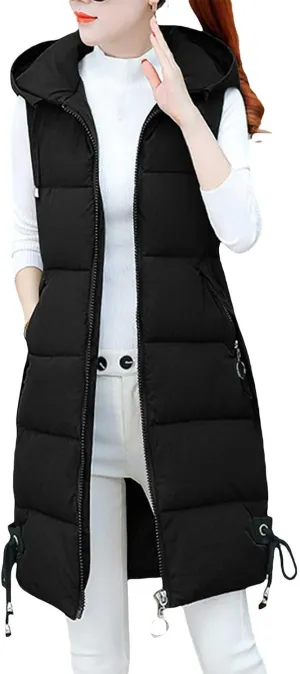 Women's Sleeveless Long Jacket 2023 Fashion Simple Solid Color Puffer Hooded Vest Winter Full-Zipper Packable Down Jackets
