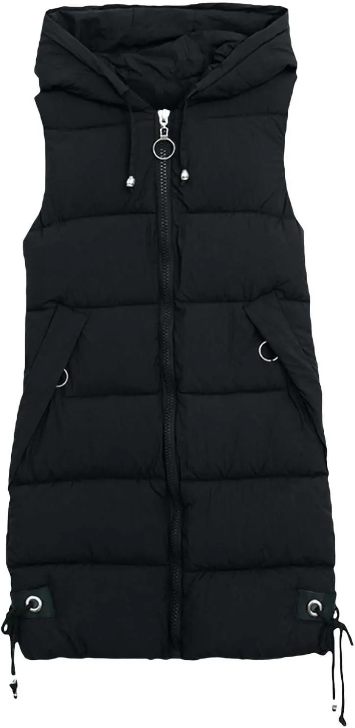 Women's Sleeveless Long Jacket 2023 Fashion Simple Solid Color Puffer Hooded Vest Winter Full-Zipper Packable Down Jackets