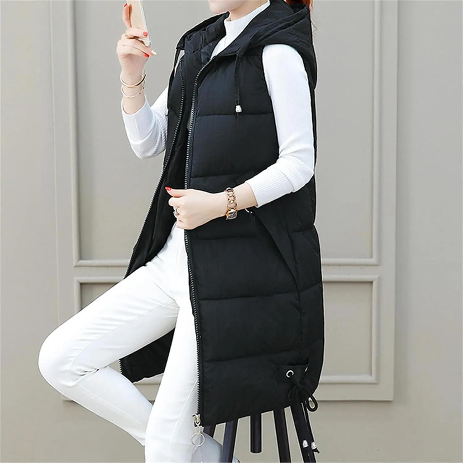 Women's Sleeveless Long Jacket 2023 Fashion Simple Solid Color Puffer Hooded Vest Winter Full-Zipper Packable Down Jackets