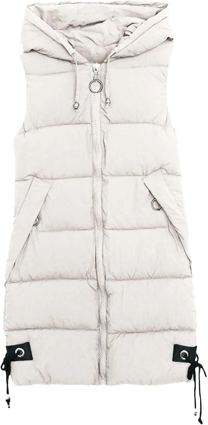 Women's Sleeveless Long Jacket 2023 Fashion Simple Solid Color Puffer Hooded Vest Winter Full-Zipper Packable Down Jackets