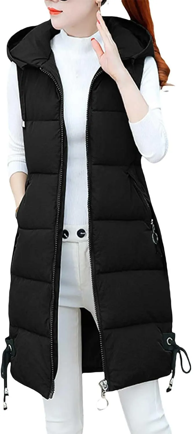 Women's Sleeveless Long Jacket 2023 Fashion Simple Solid Color Puffer Hooded Vest Winter Full-Zipper Packable Down Jackets