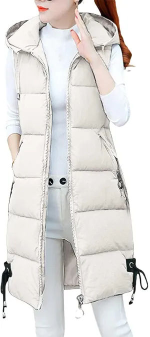 Women's Sleeveless Long Jacket 2023 Fashion Simple Solid Color Puffer Hooded Vest Winter Full-Zipper Packable Down Jackets