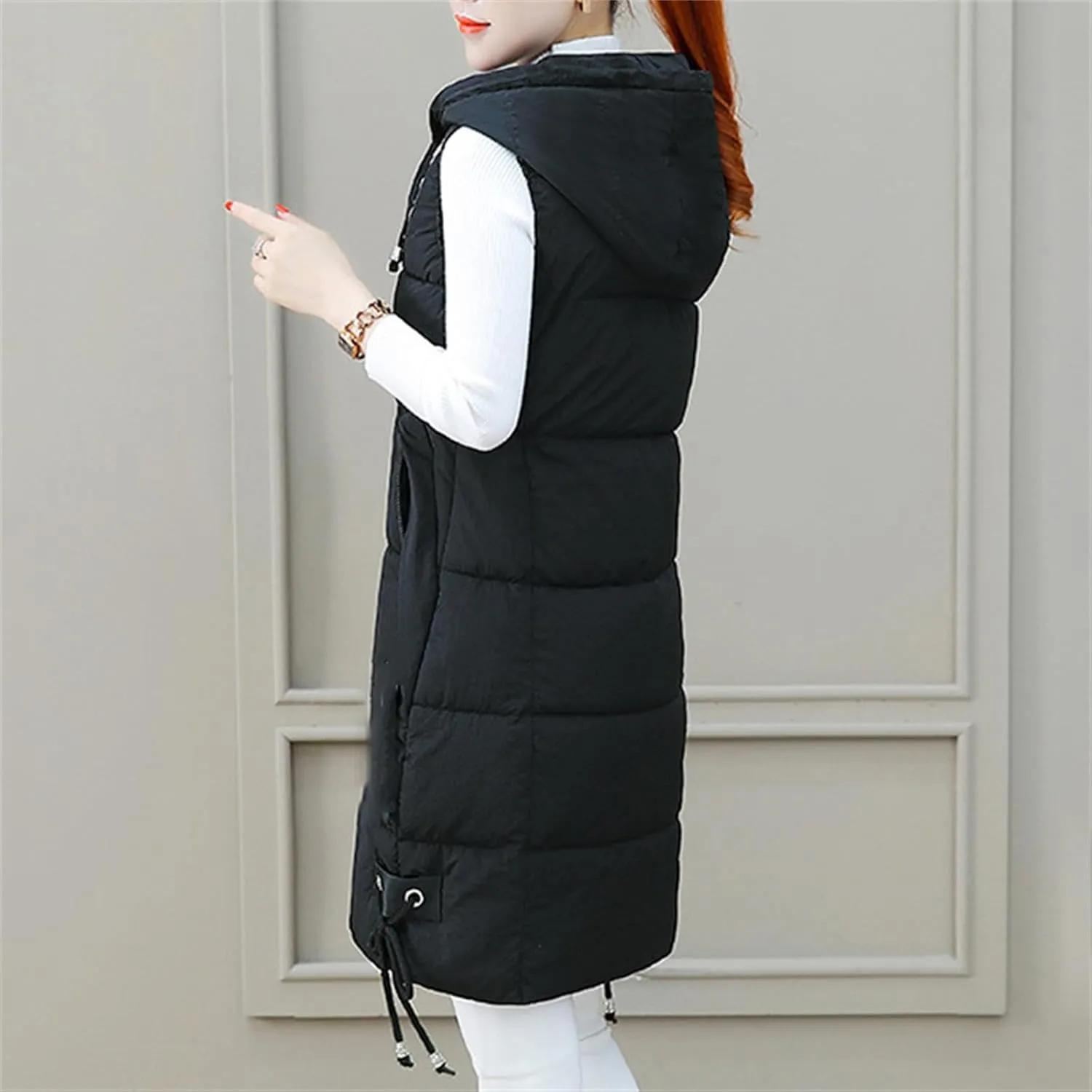 Women's Sleeveless Long Jacket 2023 Fashion Simple Solid Color Puffer Hooded Vest Winter Full-Zipper Packable Down Jackets