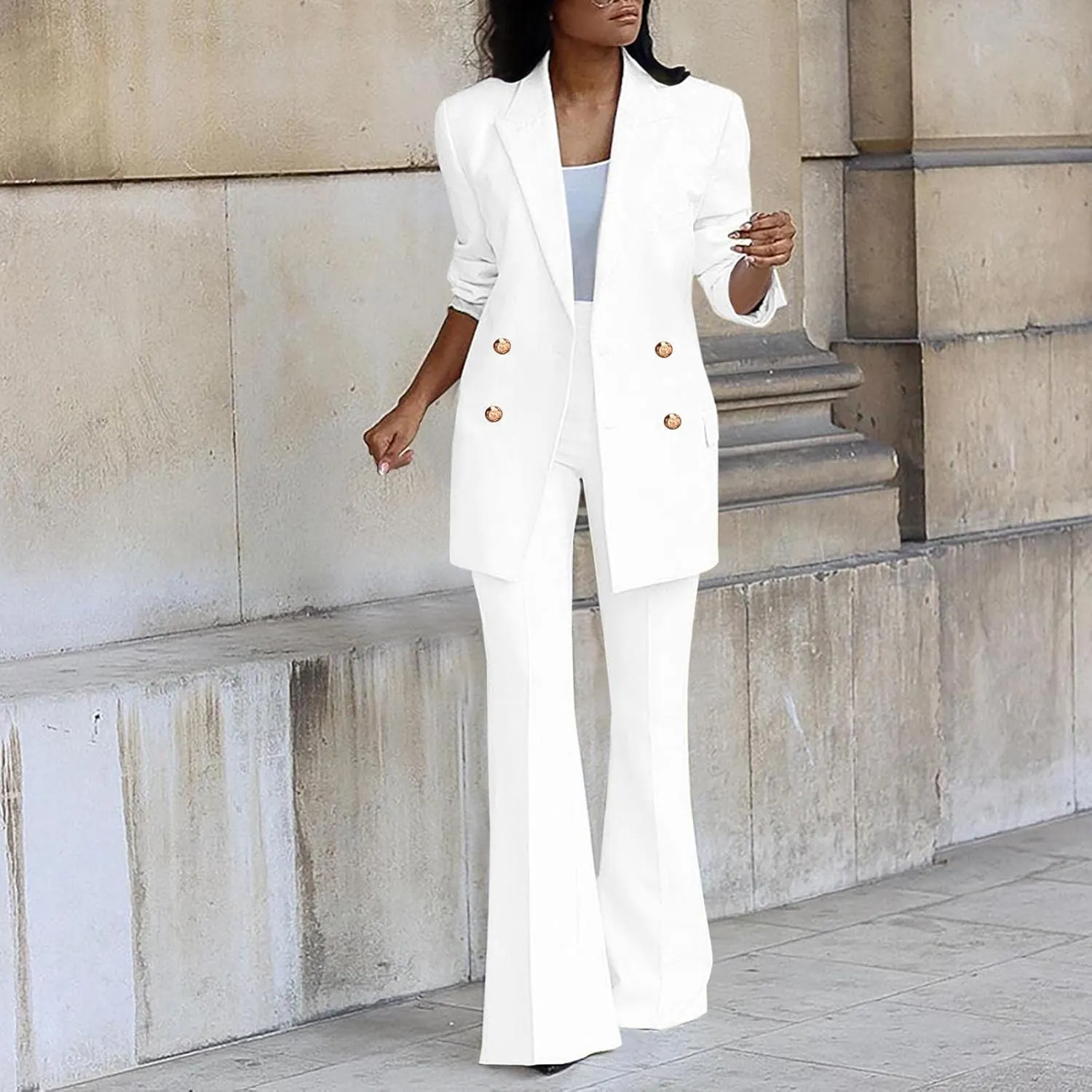 Women's Suit Coat and Pant Set Ladies Fashion Business Casual Loose Solid Long Blazer Coat & 3/4 Leg Pants 2PC Suit