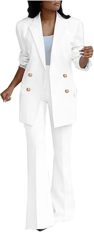 Women's Suit Coat and Pant Set Ladies Fashion Business Casual Loose Solid Long Blazer Coat & 3/4 Leg Pants 2PC Suit