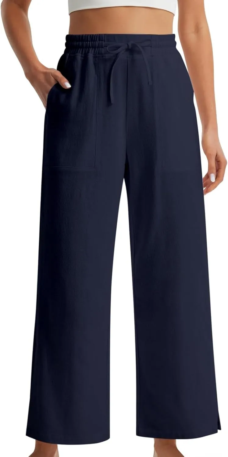 Womens Summer Cotton Linen Pants 2025 Trendy Side Slit Ankle Wide Leg Beach Trousers Elastic Waist Drawstring Slacks