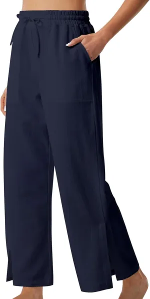 Womens Summer Cotton Linen Pants 2025 Trendy Side Slit Ankle Wide Leg Beach Trousers Elastic Waist Drawstring Slacks