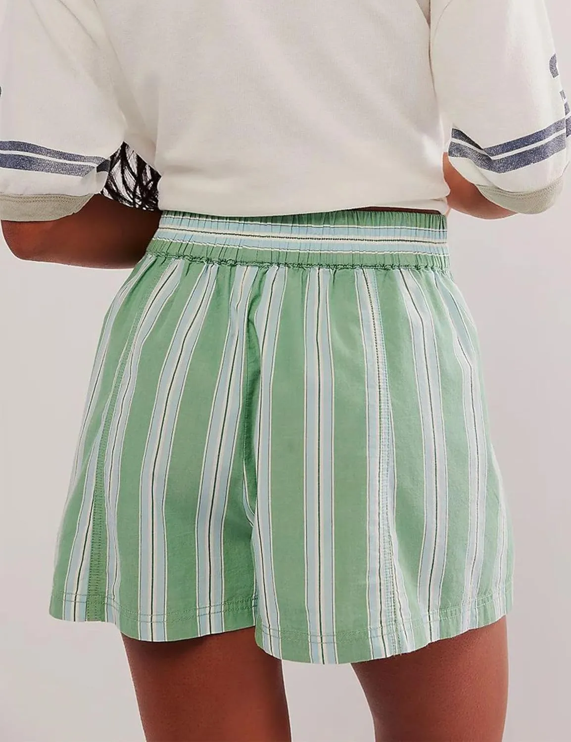 Women's Summer Striped Casual Shorts Elastic High Waist Straight Leg Lounge Shorts with Pockets