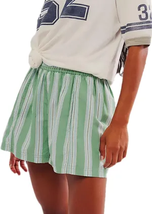 Women's Summer Striped Casual Shorts Elastic High Waist Straight Leg Lounge Shorts with Pockets