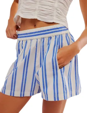 Women's Summer Striped Casual Shorts Elastic High Waist Straight Leg Lounge Shorts with Pockets