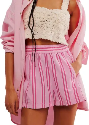 Women's Summer Striped Casual Shorts Elastic High Waist Straight Leg Lounge Shorts with Pockets