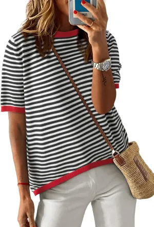 Womens Sweaters Casual Crewneck Short Sleeve Striped Color Block Knitted Cotton Trendy Pullover Sweater Tops