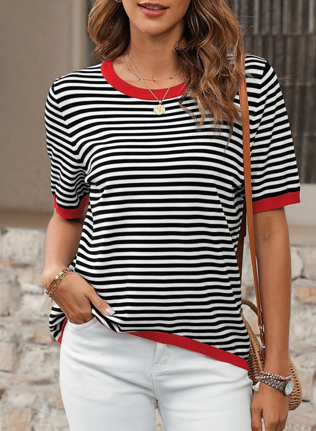 Womens Sweaters Casual Crewneck Short Sleeve Striped Color Block Knitted Cotton Trendy Pullover Sweater Tops