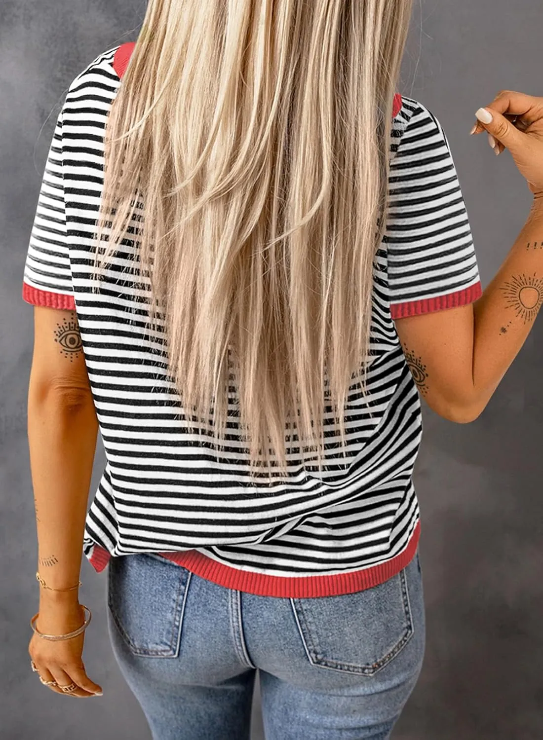 Womens Sweaters Casual Crewneck Short Sleeve Striped Color Block Knitted Cotton Trendy Pullover Sweater Tops
