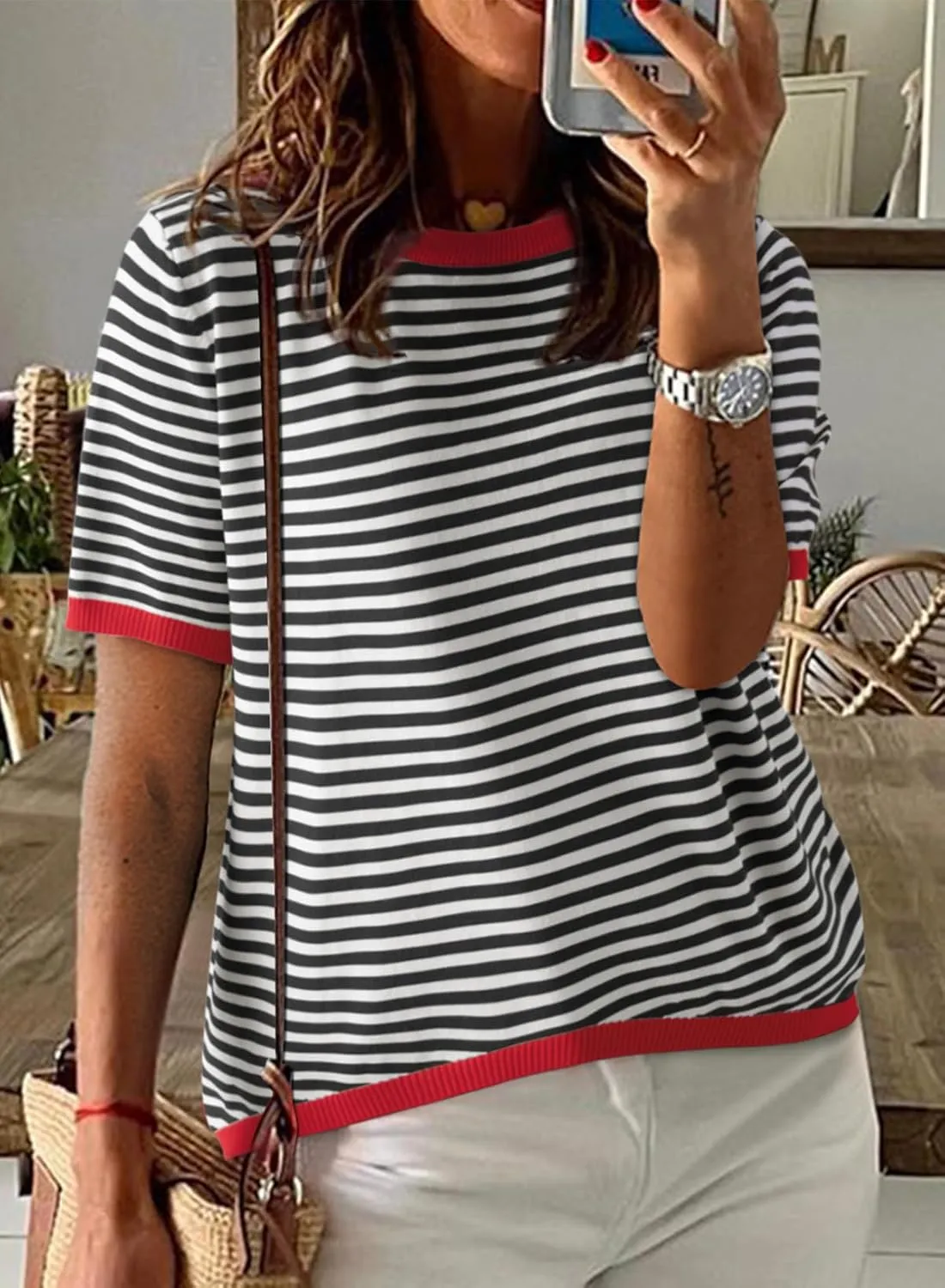 Womens Sweaters Casual Crewneck Short Sleeve Striped Color Block Knitted Cotton Trendy Pullover Sweater Tops