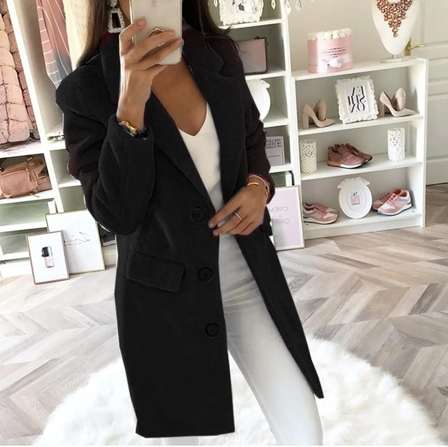 Womens Trench Coat Elegant Notched Collar Single Breasted Peacoat Trendy Casual Long Sleeve Woolen Blend Overcoats