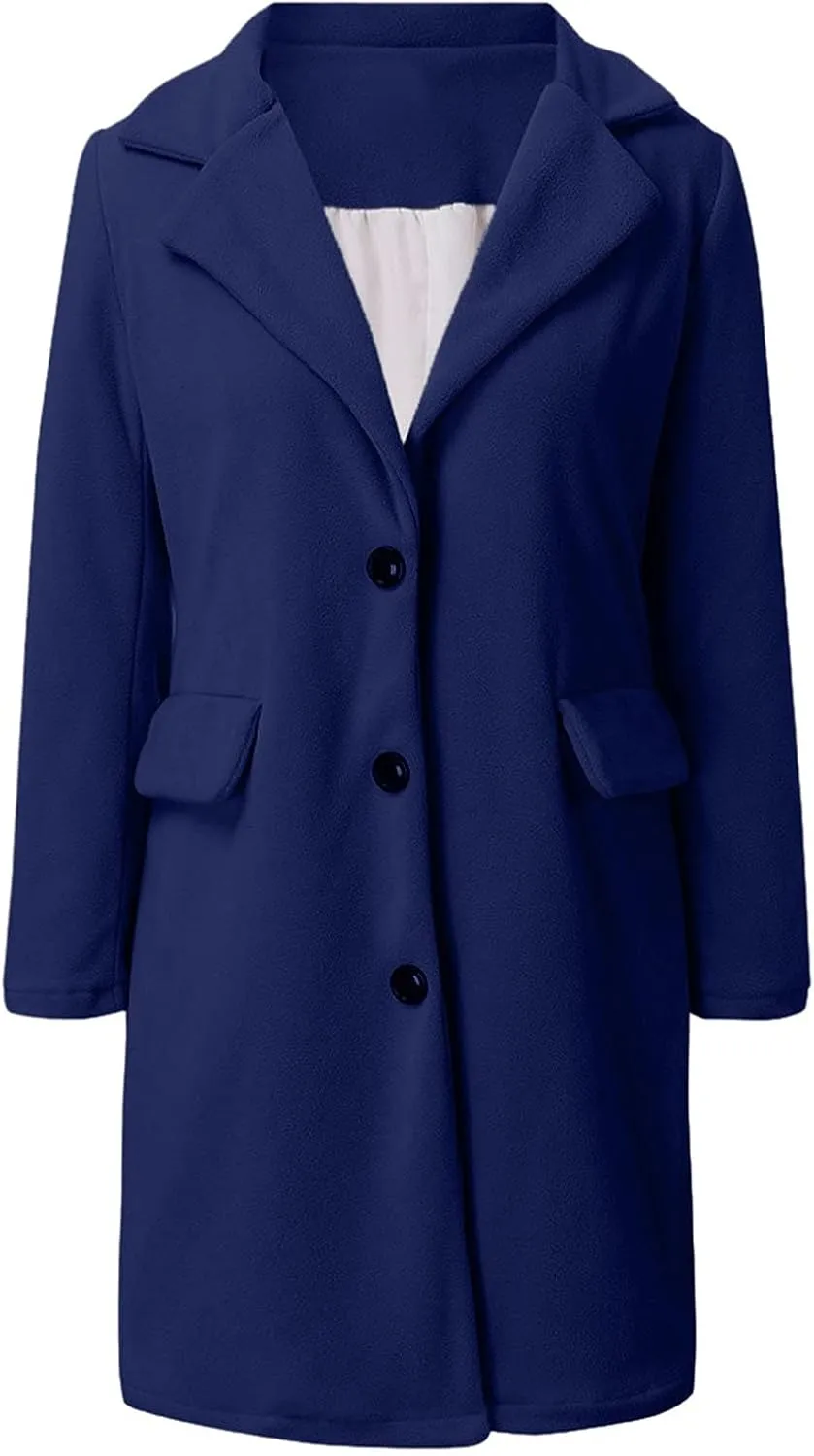 Womens Trench Coat Elegant Notched Collar Single Breasted Peacoat Trendy Casual Long Sleeve Woolen Blend Overcoats