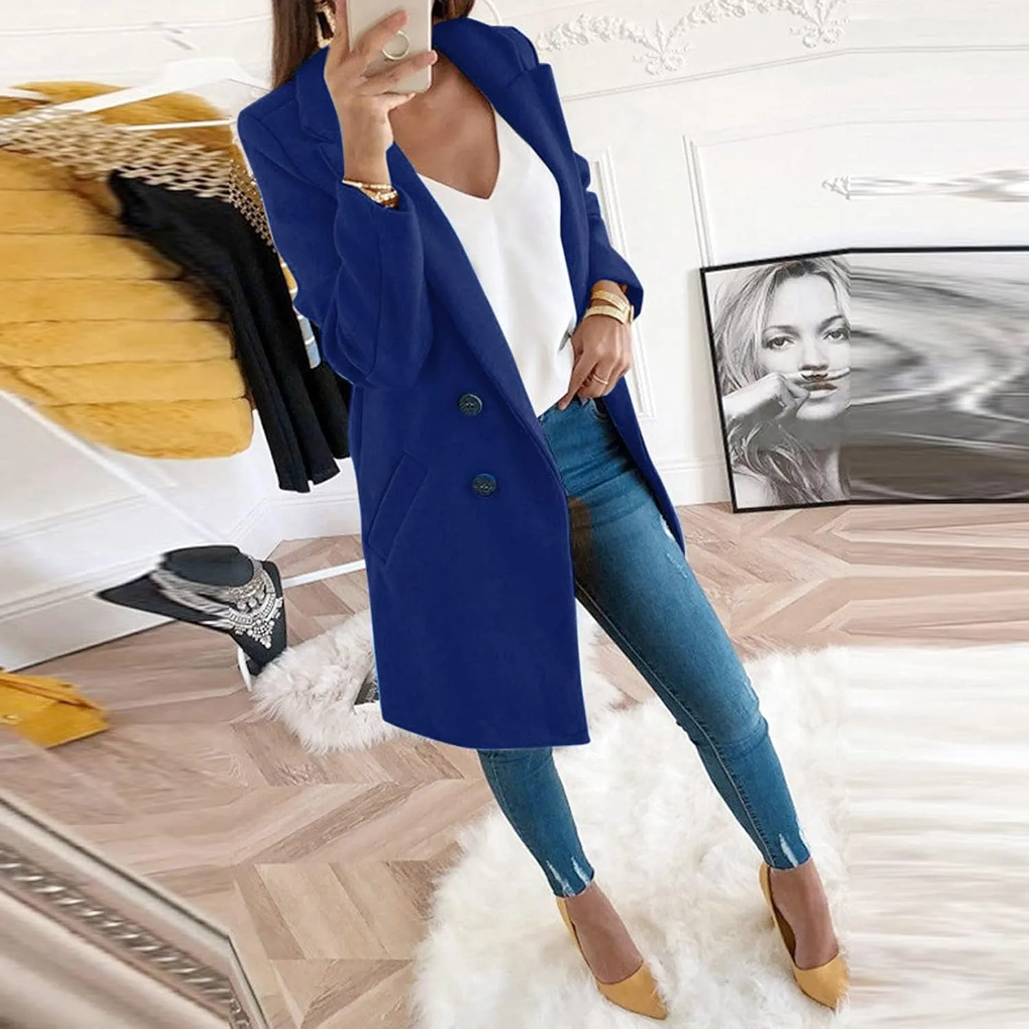 Womens Trench Coat Elegant Notched Collar Single Breasted Peacoat Trendy Casual Long Sleeve Woolen Blend Overcoats