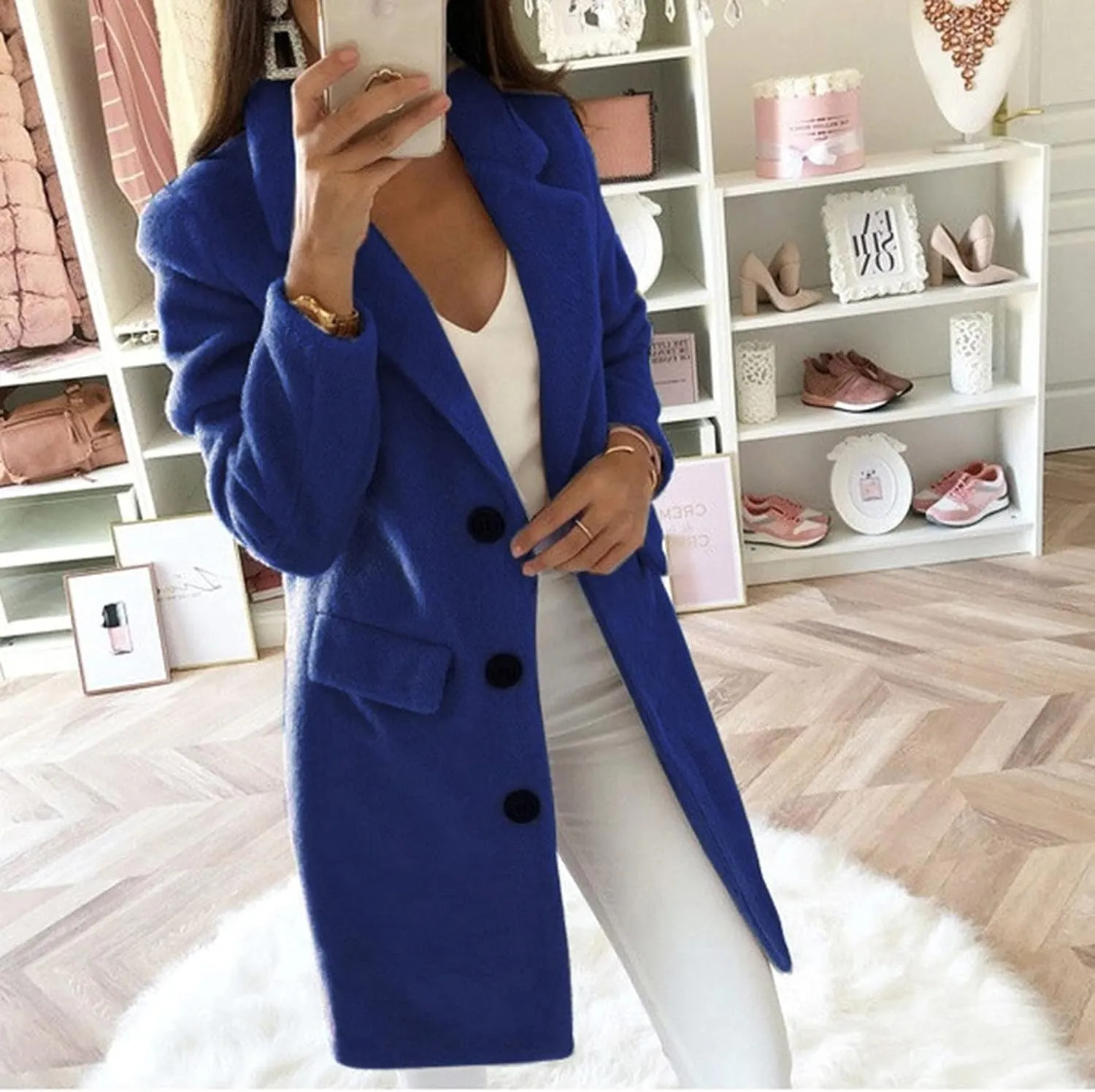 Womens Trench Coat Elegant Notched Collar Single Breasted Peacoat Trendy Casual Long Sleeve Woolen Blend Overcoats