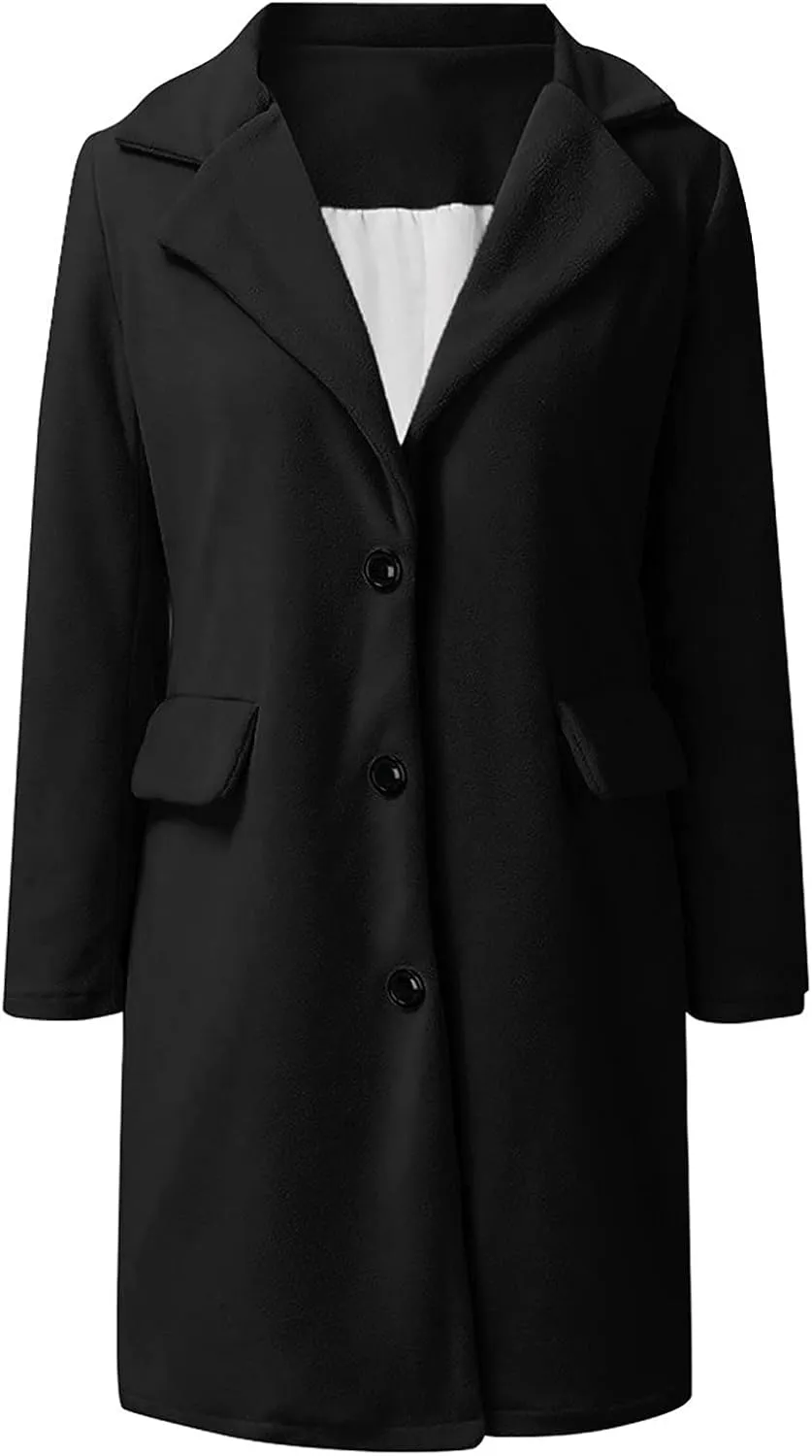 Womens Trench Coat Elegant Notched Collar Single Breasted Peacoat Trendy Casual Long Sleeve Woolen Blend Overcoats