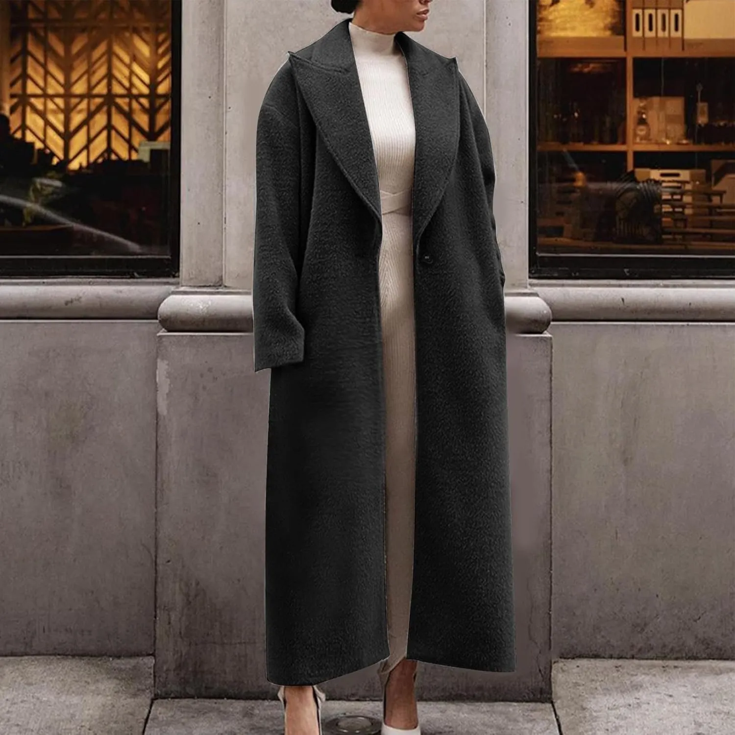 Womens Trench Coat Notched Lapel Double Breasted Wool Coat Winter Fashion Warm Pea Coats Elegant Casual Overcoat